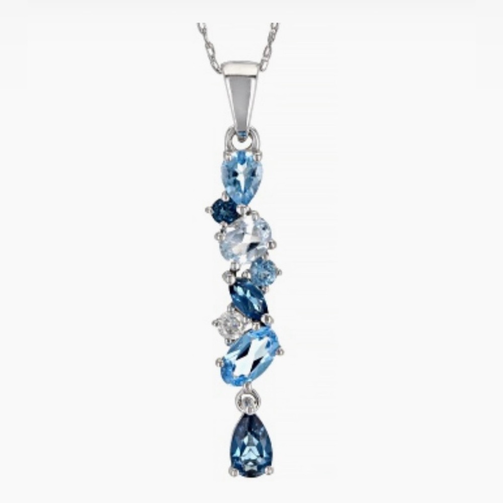 🥰 10K White Gold Mixed Shades of Blue Topaz Pendant With Chain .95ctw. WOW!